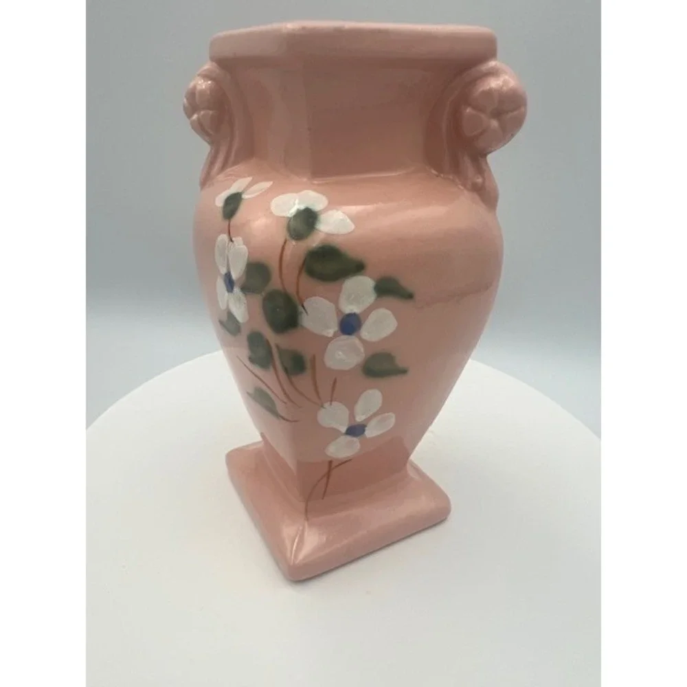 Vintage R.R.P. Co Roseville Ohio Pink Ceramic Bud Vase Hand Painted Floral 5.5